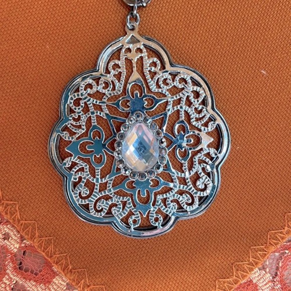 Lia Sophia Pendant Long Necklance Intricate Filigree Multifaceted Stone